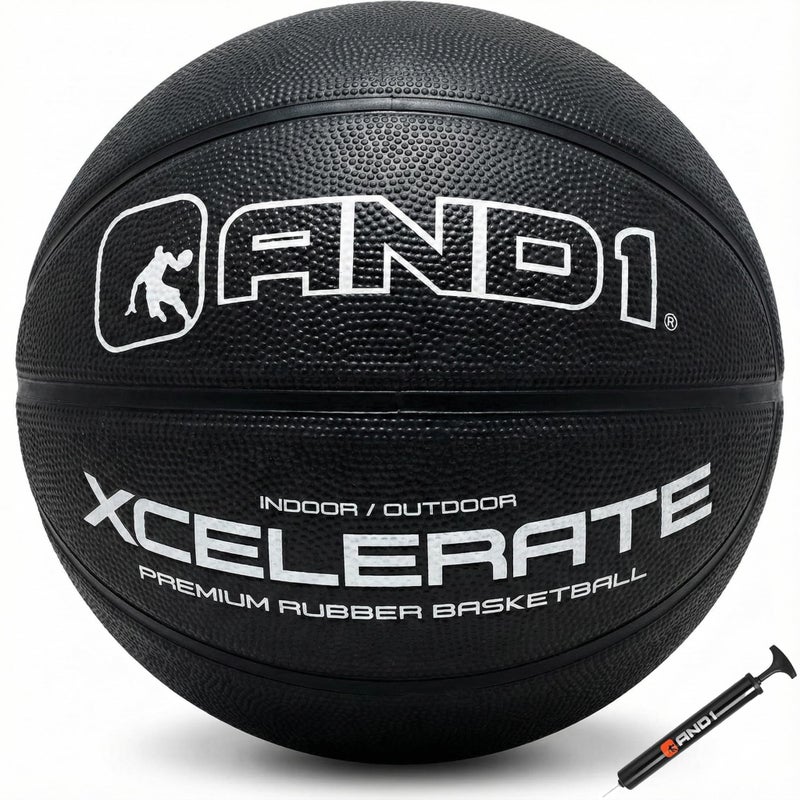 AND1 Xcelerate Rubber Basketball: Official Regulation Size 7 (29.5â€) Streetball, Made for Indoor/Outdoor Games (Basketball w/Pump, Black Classic) - Image 1